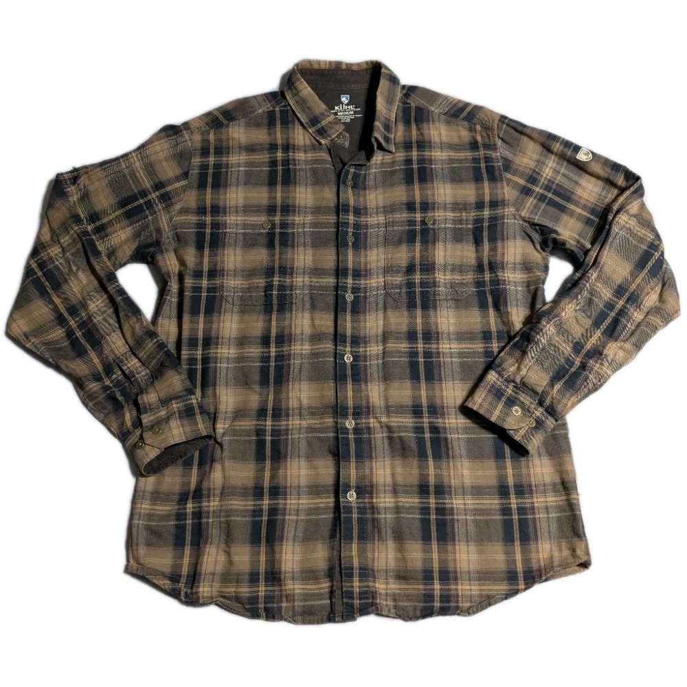 Kuhl Plaid Button Down Shirt Mens Medium Brown Blue Outdoor Hiking Tencel